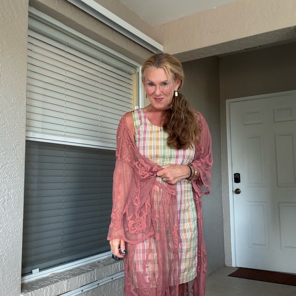 VTG Cotton Striped Green, Pink, and Tan Midi Dress - Picture 10 of 10